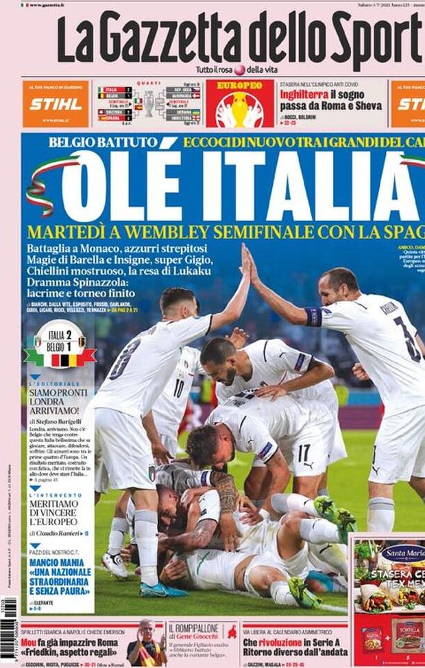 Prima Pagina, La Gazzetta dello Sport: “Ole Italia! Belgio battuto”  Prima Pagina, La Gazzetta dello Sport: “Ole Italia! Belgio battuto”