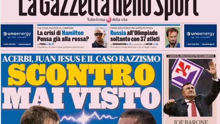 PRIMA PAGINA GAZZETTA DELLO SPORT OGGI: “Acerbi e Juan Jesus, scontro mai visto” - immagine 1