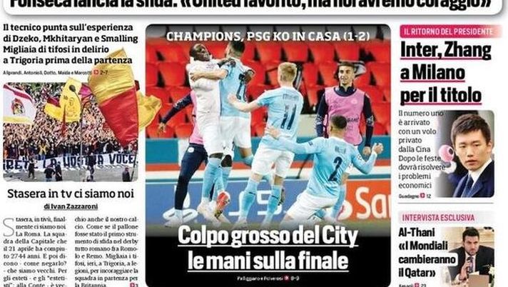 Prima Pagina, Corriere dello Sport: “Come on Roma! Colpo grosso del City, le mani sulla finale. Inter, Zhang a Milano per il titolo” 