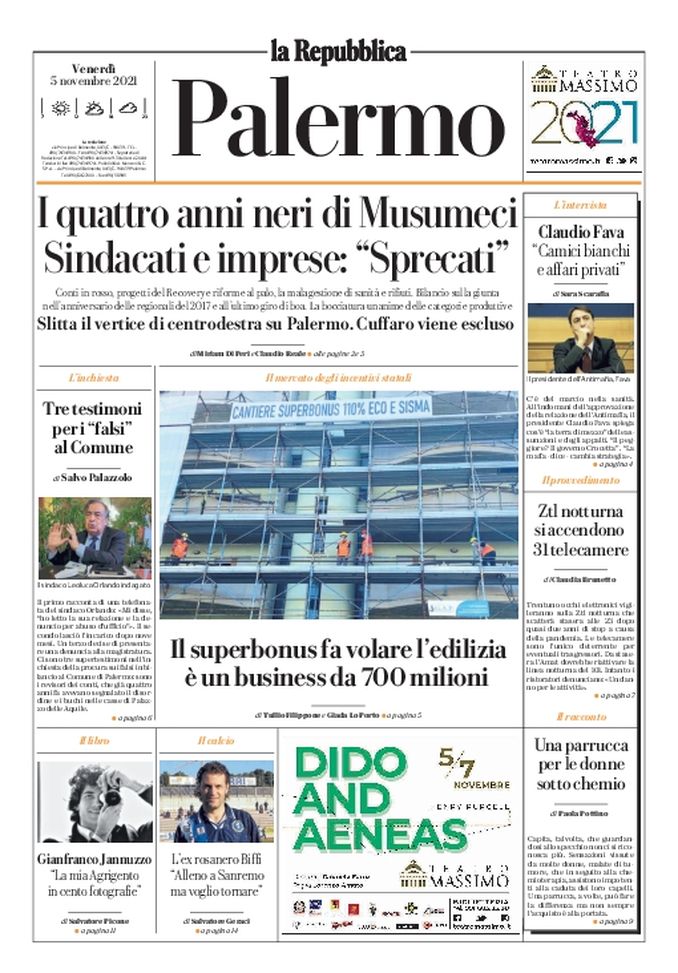 Prima Pagina, La Repubblica-Palermo: “I quattro anni neri di Musumeci” Prima Pagina