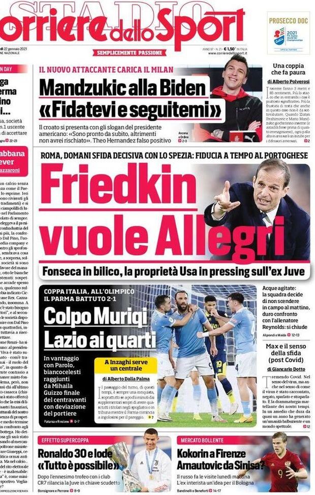 Prima Pagina, Corriere dello Sport: “Friedkin vuole Allegri! Mandzukic alla Biden, Lazio batte Parma” 