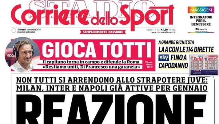 Prima Pagina, Corriere dello Sport: “Reazione a catena. Gioca Totti. Carica Italia con Balotelli…” 