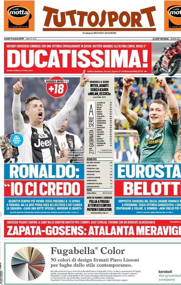 Prima Pagina, Tuttosport: “Ronaldo: ‘Io ci credo’. Eurostar Belotti. Follia a Foggia! Inter, avanti senza Icardi…” Prima Pagina, Tuttosport: “Ronaldo: ‘Io ci credo’. Eurostar Belotti. Follia a Foggia! Inter, avanti senza Icardi…”