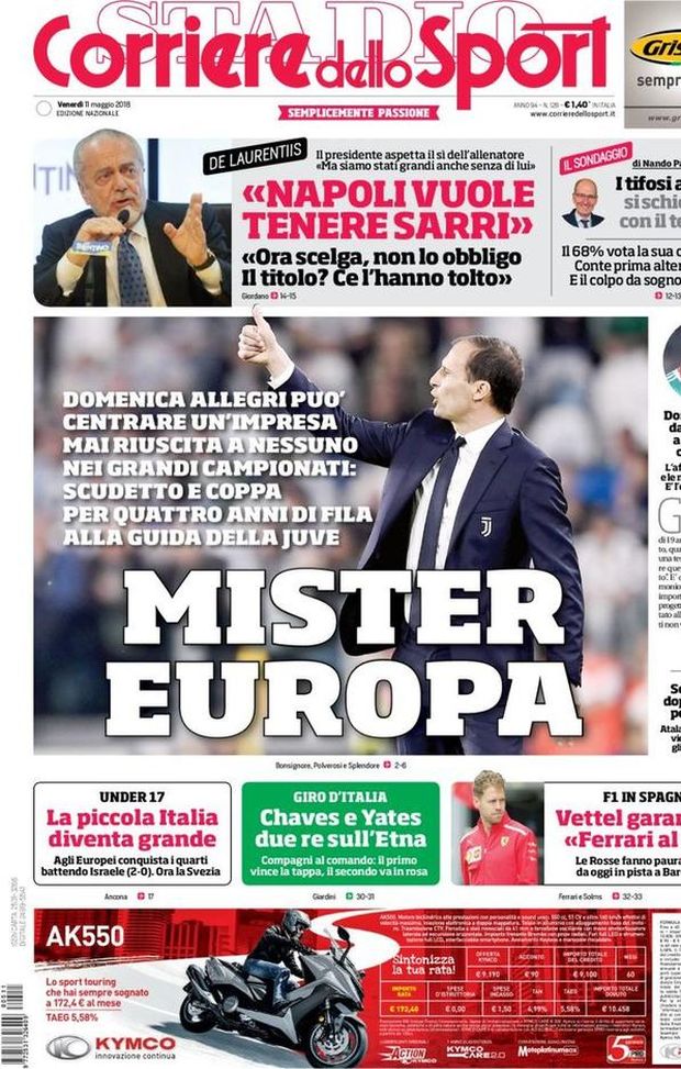 Prima Pagina, Corriere dello Sport: “Mister Europa. De Laurentiis: ‘Sarri? Noi grandi anche senza di lui’. Doppio esame per Gattuso…” Prima Pagina, Corriere dello Sport: “Mister Europa. De Laurentiis: ‘Sarri? Noi grandi anche senza di lui’. Doppio esame per Gattuso…”