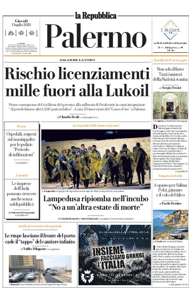 Prima Pagina, La Repubblica-Palermo: “Rischio licenziamenti, mille fuori alla Lukoil”  Prima Pagina, La Repubblica-Palermo: “Rischio licenziamenti, mille fuori alla Lukoil”