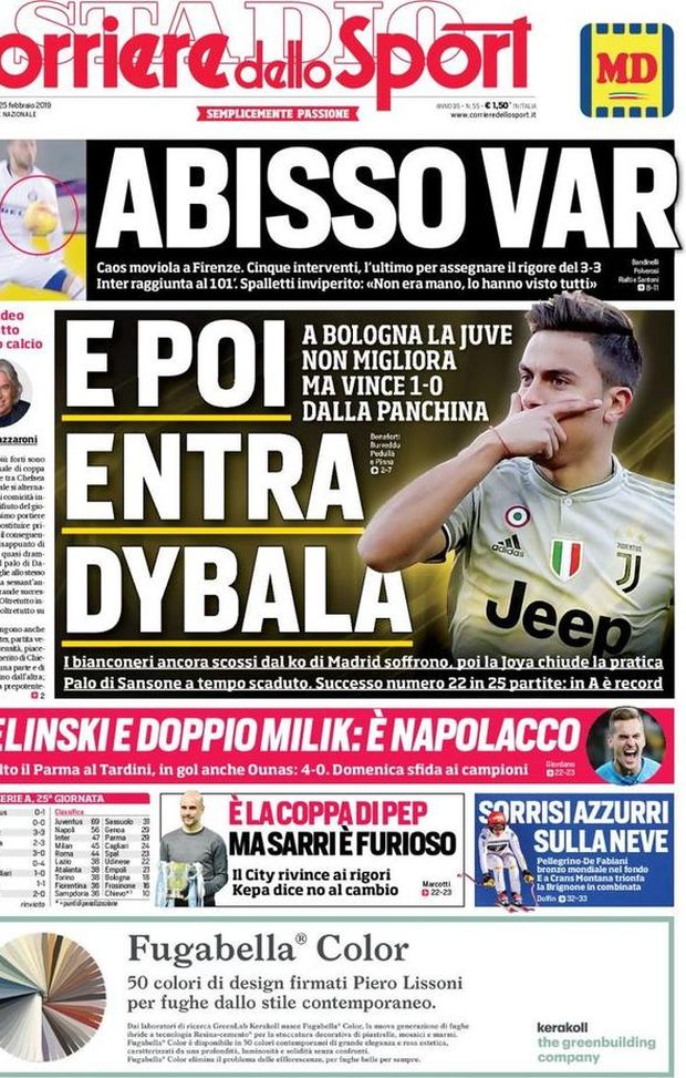 Prima Pagina, Corriere dello Sport: “E poi entra Dybala. Abisso Var. Napolacco. Sarri furioso…” Prima Pagina, Corriere dello Sport: “E poi entra Dybala. Abisso Var. Napolacco. Sarri furioso…”
