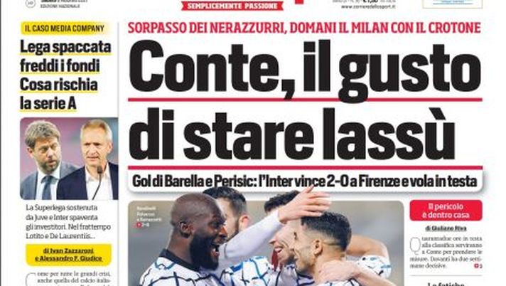 Prima Pagina, Corriere dello Sport: “Conte, il gusto di stare lassù. Il Napoli ripiomba nell’incubo Covid” 