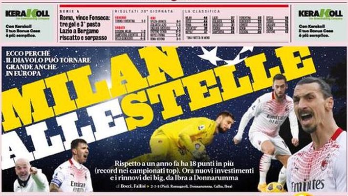 Prima Pagina, La Gazzetta dello Sport: “Milan alle stelle! Furia Ringhio, Gattuso vulcano di Napoli” Prima Pagina, La Gazzetta dello Sport: “Milan alle stelle! Furia Ringhio, Gattuso vulcano di Napoli”