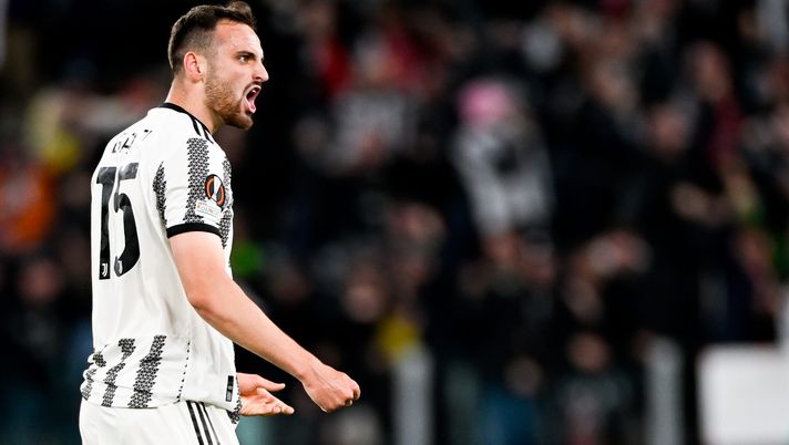 TURIN, ITALY - MAY 11: Federico Gatti of Juventus celebrates after scoring his team's first goal during the UEFA Europa League semi-final first leg match between Juventus and Sevilla FC at Allianz Stadium on May 11, 2023 in Turin, Italy. (Photo by Daniele Badolato - Juventus FC/Juventus FC via Getty Images)  Juventus