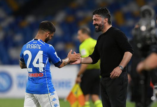 NAPLES, ITALY - MAY 11: Lorenzo Insigne of SSC Napoli is congratulated by Gennaro Gattuso, Head Coach of SSC Napoli after scoring their side's fifth goal during the Serie A match between SSC Napoli and Udinese Calcio at Stadio Diego Armando Maradona on May 11, 2021 in Naples, Italy. Sporting stadiums around Italy remain under strict restrictions due to the Coronavirus Pandemic as Government social distancing laws prohibit fans inside venues resulting in games being played behind closed doors. (Photo by Francesco Pecoraro/Getty Images) NAPLES, ITALY - MAY 11: Lorenzo Insigne of SSC Napoli is congratulated by Gennaro Gattuso, Head Coach of SSC Napoli after scoring their side's fifth goal during the Serie A match between SSC Napoli and Udinese Calcio at Stadio Diego Armando Maradona on May 11, 2021 in Naples, Italy. Sporting stadiums around Italy remain under strict restrictions due to the Coronavirus Pandemic as Government social distancing laws prohibit fans inside venues resulting in games being played behind closed doors. (Photo by Francesco Pecoraro/Getty Images)