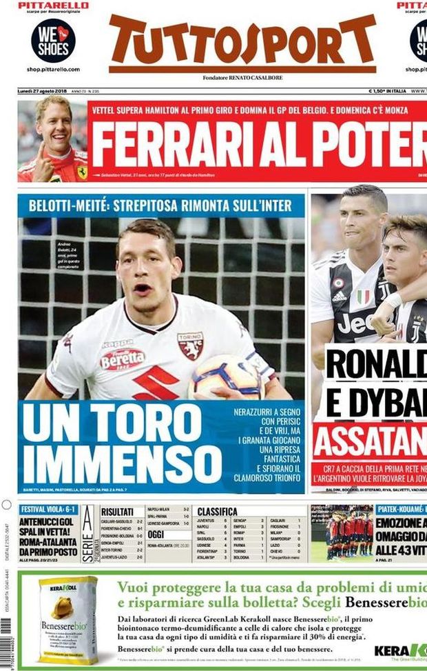 Prima Pagina, Tuttosport: “Un Toro immenso. Ronaldo e Dybala assatanati. Roma-Atalanta da primo posto…” Prima Pagina, Tuttosport: “Un Toro immenso. Ronaldo e Dybala assatanati. Roma-Atalanta da primo posto…”