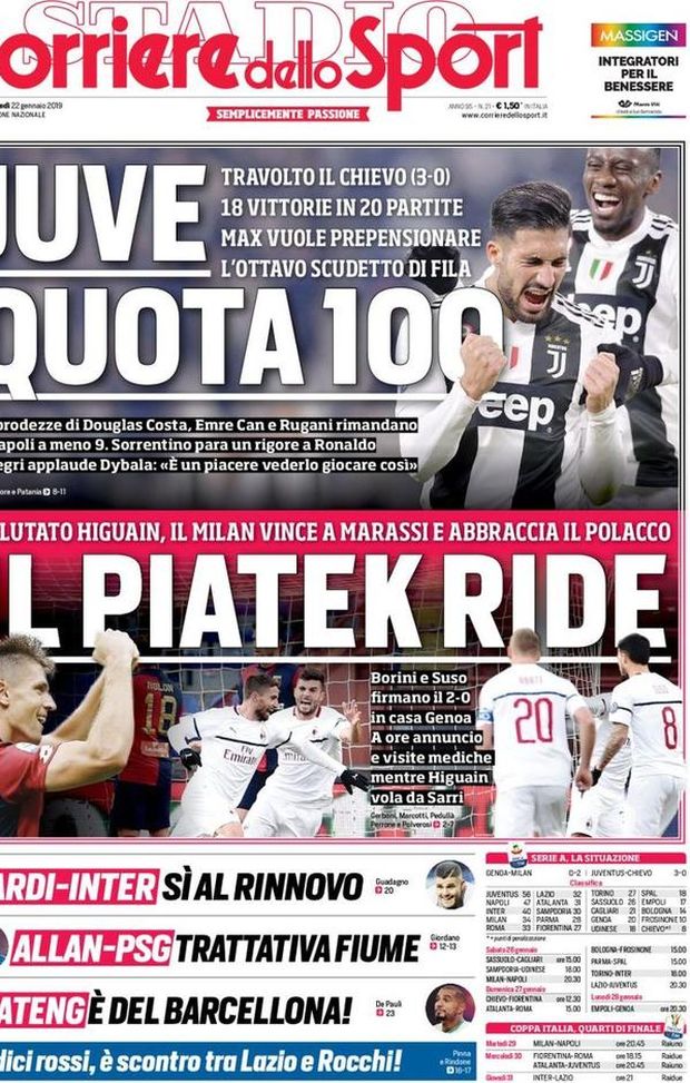 Prima Pagina, Corriere dello Sport: “Juve quota 100. Il Piatek ride. Allan-PSG, trattativa fiume. Icardi-Inter…” Prima Pagina, Corriere dello Sport: “Juve quota 100. Il Piatek ride. Allan-PSG, trattativa fiume. Icardi-Inter…”