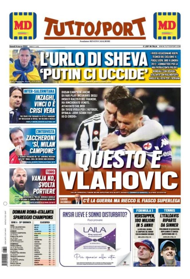 Prima Pagina, Tuttosport: “Questo è Vlahovic. Inzaghi, vinci o è crisi vera” Prima Pagina, Tuttosport: “Questo è Vlahovic. Inzaghi, vinci o è crisi vera” - immagine 1
