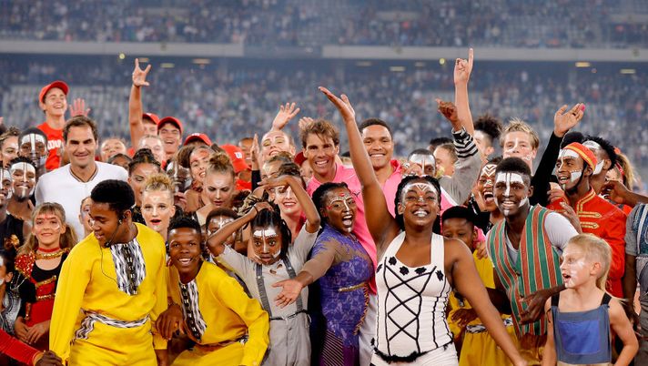 CAPE TOWN, SOUTH AFRICA - FEBRUARY 07: Roger Federer of Switzerland, Trevor Noah and Rafael Nadal of Spain interacts after the Match in Africa between Roger Federer and Rafael Nadal at Cape Town Stadium on February 07, 2020 in Cape Town, South Africa. (Photo by Ashley Vlotman/Gallo Images/Getty Images) CAPE TOWN, SOUTH AFRICA - FEBRUARY 07: Roger Federer of Switzerland, Trevor Noah and Rafael Nadal of Spain interacts after the Match in Africa between Roger Federer and Rafael Nadal at Cape Town Stadium on February 07, 2020 in Cape Town, South Africa. (Photo by Ashley Vlotman/Gallo Images/Getty Images)