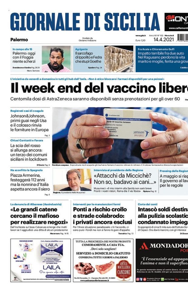 Prima Pagina, Giornale di Sicilia: “Il week end del vaccino libero. Palermo, con il Foggia niente scherzi” 