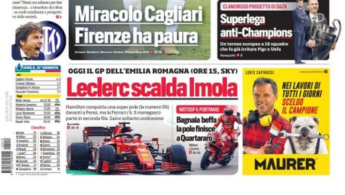 Prima Pagina, Corriere dello Sport: &#8220;Volata scudettino. Miracolo Cagliari, Firenze ha paura&#8221; 