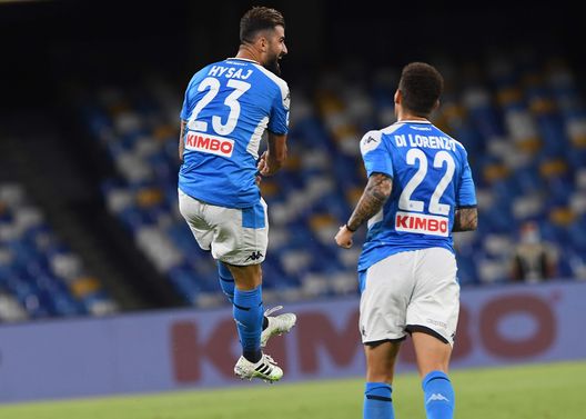 NAPLES, ITALY - JULY 25: Elseid Hysaj of Napoli celebrates after scoring the first goal during the Serie A match between SSC Napoli and US Sassuolo at Stadio San Paolo on July 25, 2020 in Naples, Italy. (Photo by SSC NAPOLI/SSC NAPOLI via Getty Images) NAPLES, ITALY - JULY 25: Elseid Hysaj of Napoli celebrates after scoring the first goal during the Serie A match between SSC Napoli and US Sassuolo at Stadio San Paolo on July 25, 2020 in Naples, Italy. (Photo by SSC NAPOLI/SSC NAPOLI via Getty Images)