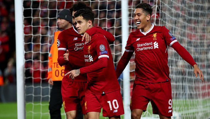 LIVERPOOL, ENGLAND - DECEMBER 06: Philippe Coutinho of Liverpool celebrates after scoring his sides fifth goal with Mohamed Salah of Liverpool and Roberto Firmino of Liverpool during the UEFA Champions League group E match between Liverpool FC and Spartak Moskva at Anfield on December 6, 2017 in Liverpool, United Kingdom. (Photo by Clive Brunskill/Getty Images) LIVERPOOL, ENGLAND - DECEMBER 06: Philippe Coutinho of Liverpool celebrates after scoring his sides fifth goal with Mohamed Salah of Liverpool and Roberto Firmino of Liverpool during the UEFA Champions League group E match between Liverpool FC and Spartak Moskva at Anfield on December 6, 2017 in Liverpool, United Kingdom. (Photo by Clive Brunskill/Getty Images)