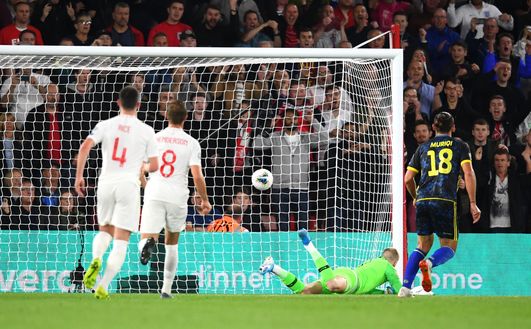 SOUTHAMPTON, ENGLAND - SEPTEMBER 10: Vedat Muriqi of Kosovo scores his sides third goal from the penalty spot during the UEFA Euro 2020 qualifier match between England and Kosovo at St. Mary's Stadium on September 10, 2019 in Southampton, England. (Photo by Clive Mason/Getty Images) SOUTHAMPTON, ENGLAND - SEPTEMBER 10: Vedat Muriqi of Kosovo scores his sides third goal from the penalty spot during the UEFA Euro 2020 qualifier match between England and Kosovo at St. Mary's Stadium on September 10, 2019 in Southampton, England. (Photo by Clive Mason/Getty Images)