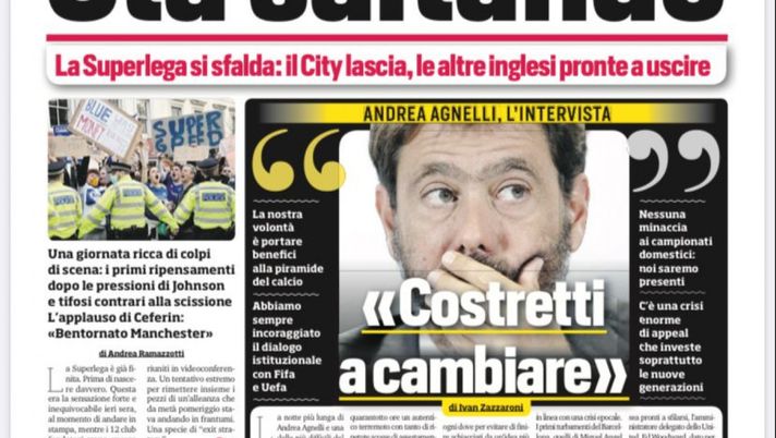 Prima Pagina, Corriere dello Sport: “Sta saltando, la Superlega si sfalda. Conte a testa bassa” 