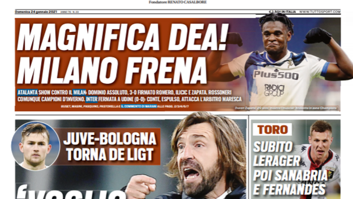 Prima Pagina, Tuttosport: &#8220;Magnifica Dea, Milano frena! Juvw-Bologna, torna De Ligt&#8221; 