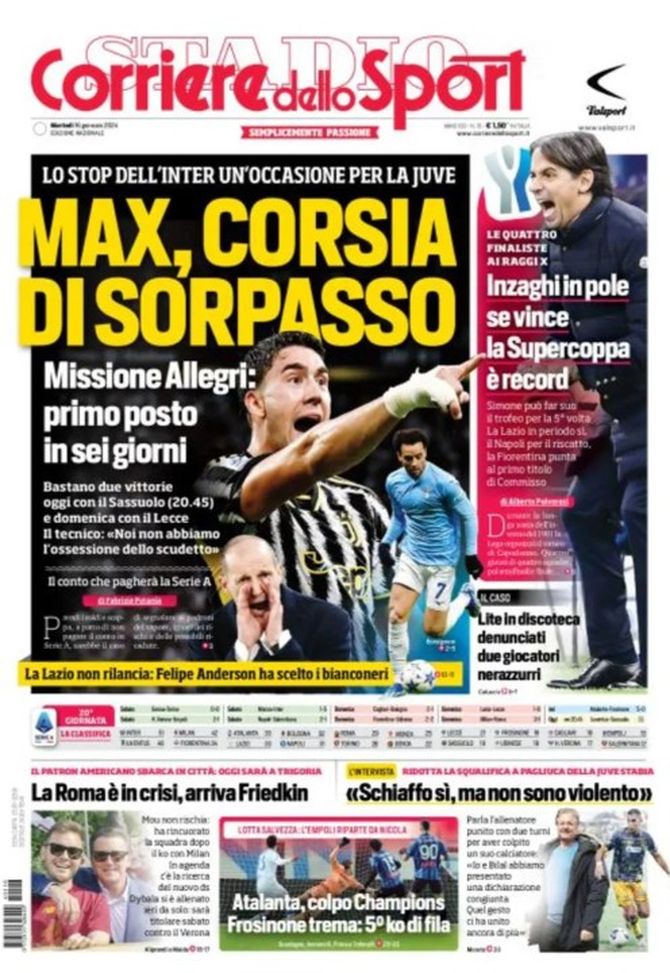 EDICOLA / CdS: “Max, corsia di sorpasso. Inter, Inzaghi in pole per la Supercoppa” - immagine 1