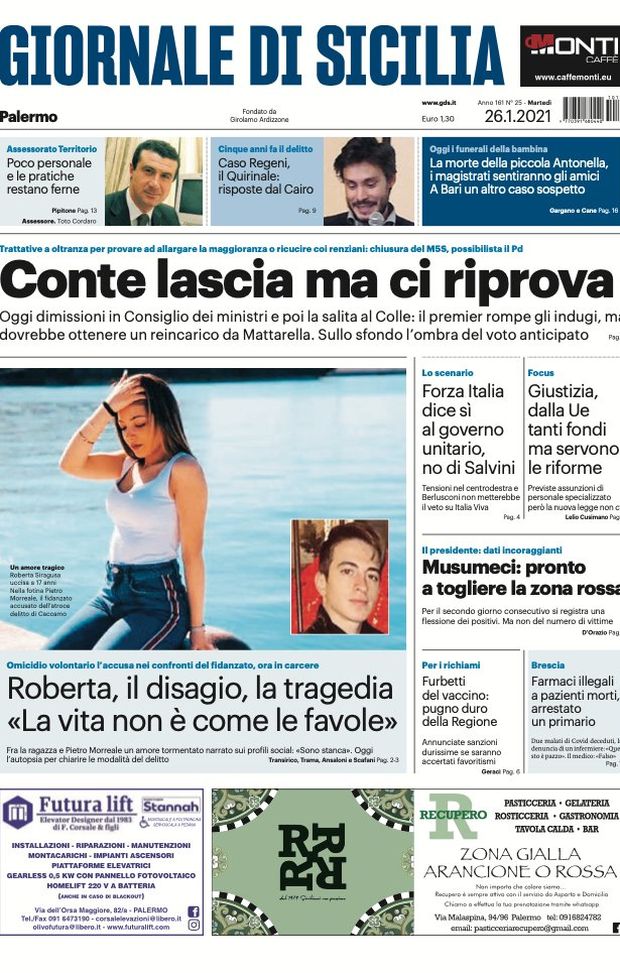 Prima Pagina, Giornale di Sicilia: “Conte lascia ma ci riprova. Roberta, il disagio, la tragedia”  Prima Pagina, Giornale di Sicilia: “Conte lascia ma ci riprova. Roberta, il disagio, la tragedia”