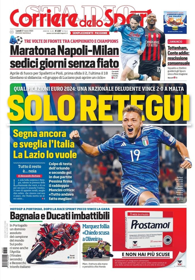 EDICOLA CDS – Retegui segna ancora e sveglia l’Italia. Conte-Tottenham, rescissione - immagine 1