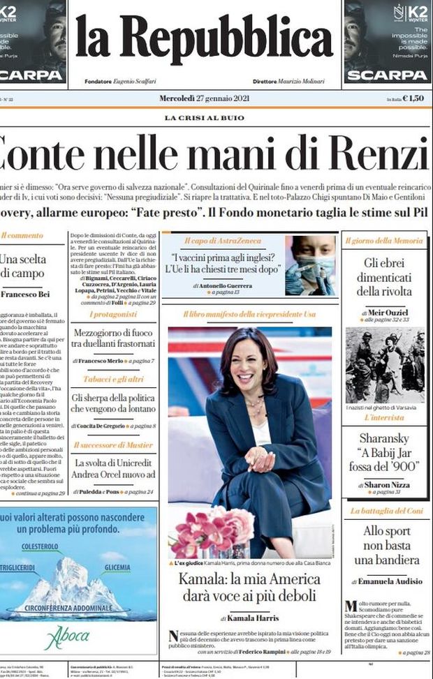 Prima Pagina, La Repubblica: “Governo in crisi: Conte nelle mani di Renzi. Recovery, allarme europeo” 