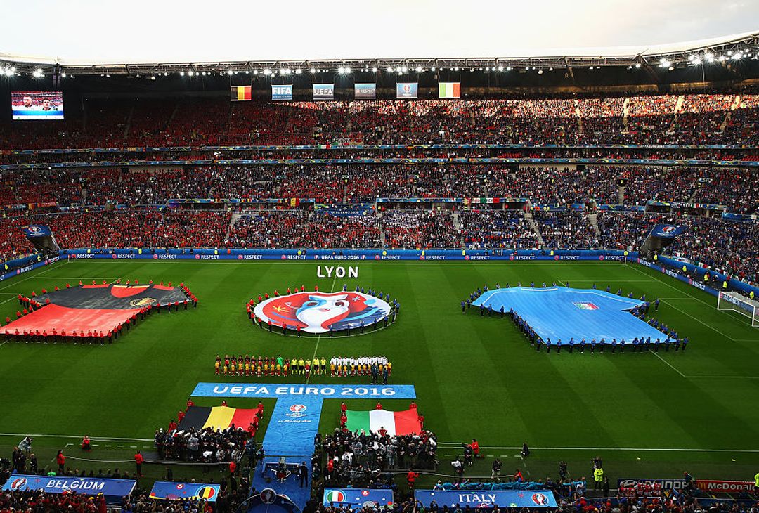 LYON, FRANCE - JUNE 13:  Players line up for the national anthems prior to the UEFA EURO 2016 Group E match between Belgium and Italy at Stade des Lumieres on June 13, 2016 in Lyon, France.  (Photo by Clive Brunskill/Getty Images) 