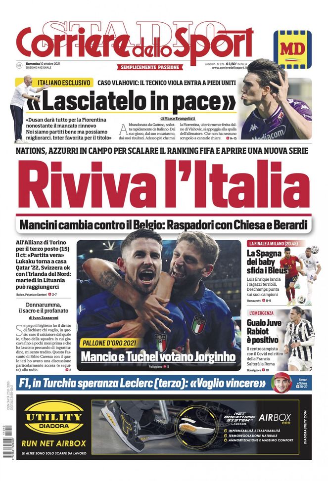 Prima Pagina, Corriere dello Sport: “Riviva l’Italia. Mancini cambia contro il Belgio” - immagine 1