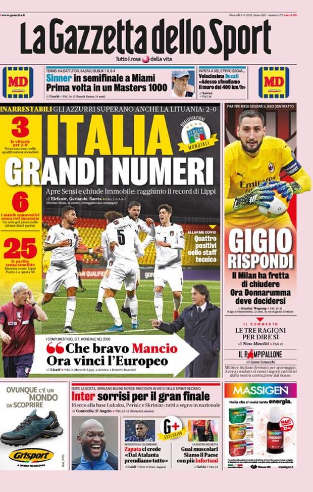 Prima Pagina, La Gazzetta dello Sport: “Italia, grandi numeri. Gigio rispondi. Inter, sorridi per il gran finale” 