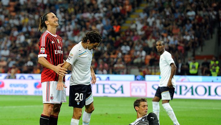 MILAN, ITALY - SEPTEMBER 09: Zlatan Ibrahimovic of AC Milan, Giuseppe Biava and Albano Bizzarri of SS Lazio in action during the Serie A match between AC Milan and SS Lazio at Stadio Giuseppe Meazza on September 9, 2011 in Milan, Italy. (Photo by Claudio Villa/Getty Images) MILAN, ITALY - SEPTEMBER 09: Zlatan Ibrahimovic of AC Milan, Giuseppe Biava and Albano Bizzarri of SS Lazio in action during the Serie A match between AC Milan and SS Lazio at Stadio Giuseppe Meazza on September 9, 2011 in Milan, Italy. (Photo by Claudio Villa/Getty Images)