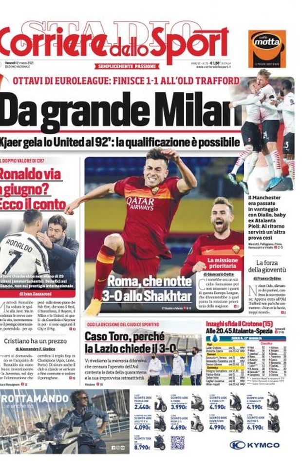 Prima Pagina, Corriere dello Sport: “Da grande Milan, Kjaer gela lo United. Ronaldo via a giugno? Ecco il conto” 