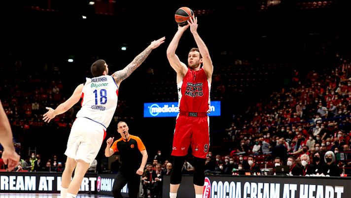 MILAN, ITALY - APRIL 19: Nicolo Melli, #9 of AX Armani Exchange Milan in action during the Turkish Airlines EuroLeague Play Off Game 1 match between AX Armani Exchange Milan and Anadolu Efes Istanbul at Mediolanum Forum on April 19, 2022 in Milan, Italy. (Photo by Giuseppe Cottini/Euroleague Basketball via Getty Images) DERBY MILANO CALCIO BASKET