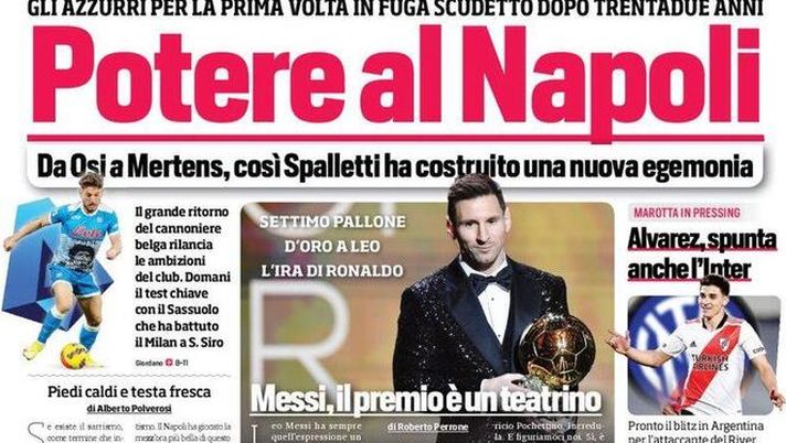 Prima Pagina, Corriere dello Sport:&#8221;Potere al Napoli. Messi, il premio è un teatrino&#8221; 