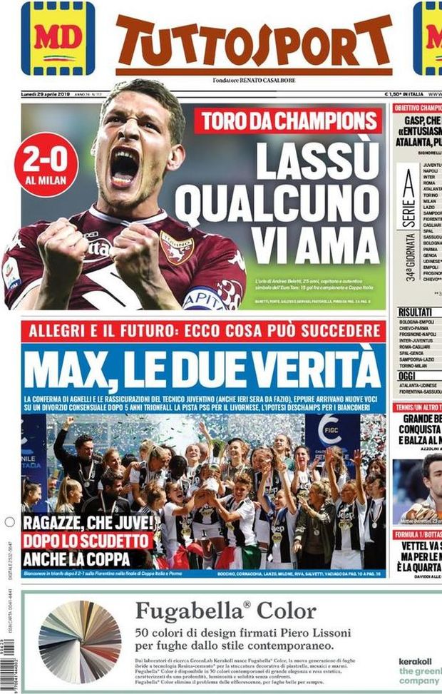 Prima Pagina, Tuttosport: “Lassù qualcuno vi ama. Max, le due verità. Gasp, che energia!” Prima Pagina, Tuttosport: “Lassù qualcuno vi ama. Max, le due verità. Gasp, che energia!”