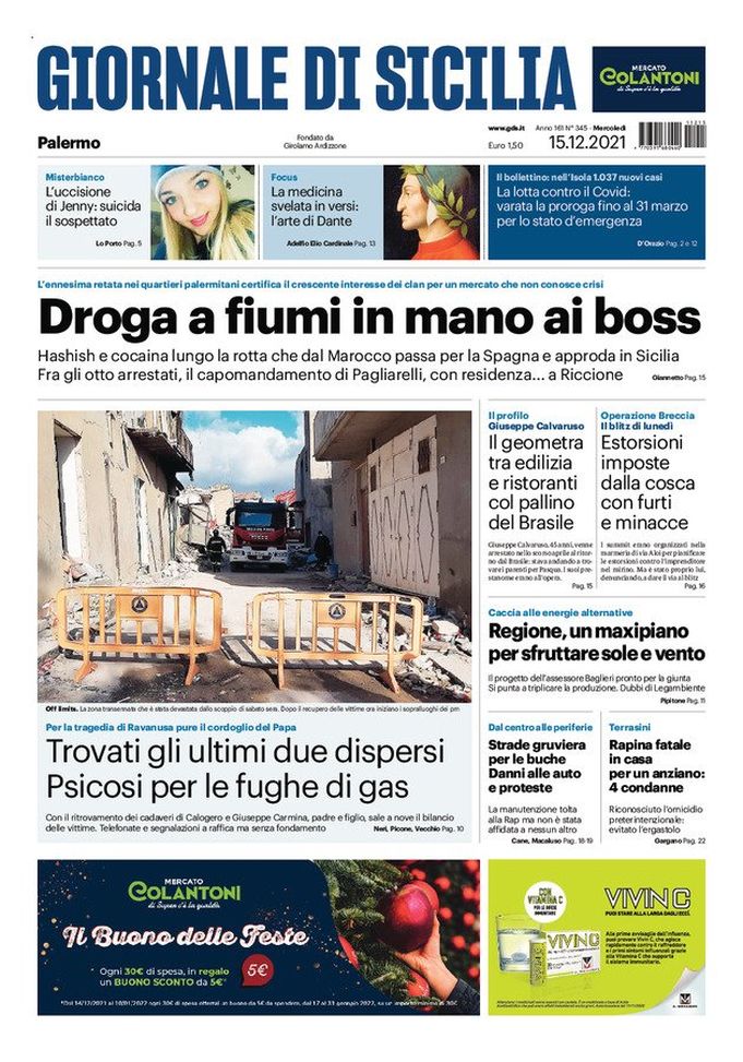 Prima Pagina, Giornale di Sicilia: “Droga a fiumi in mano ai boss” Prima Pagina