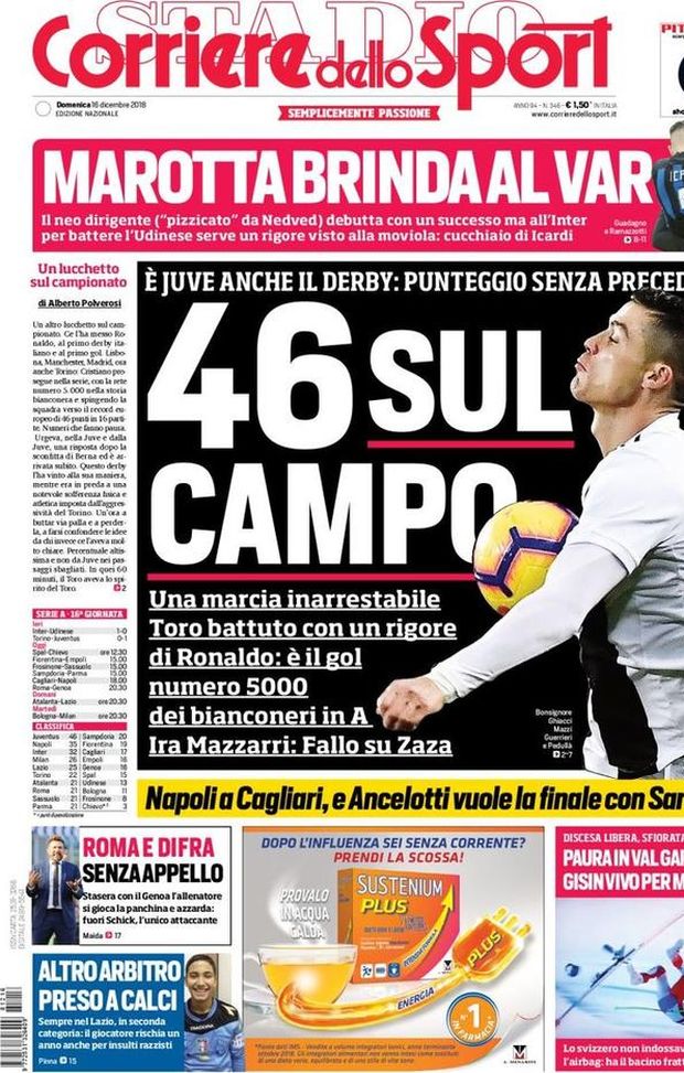 Prima Pagina, Corriere dello Sport: “46 sul campo. Marotta brinda al Var. Roma e Di Fra senza appello…” Prima Pagina, Corriere dello Sport: “46 sul campo. Marotta brinda al Var. Roma e Di Fra senza appello…”