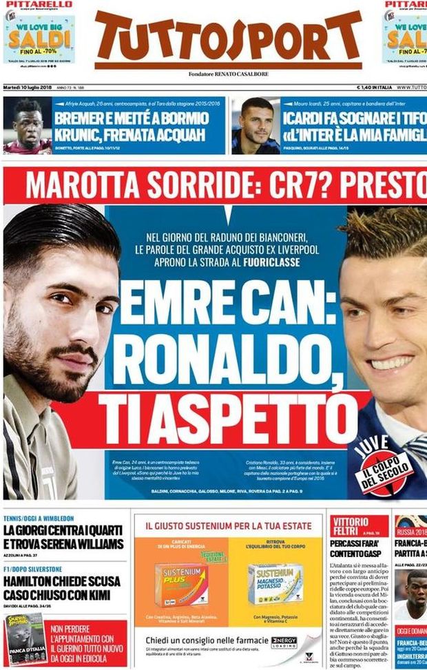 Prima Pagina, Tuttosport: “Emre Can: Ronaldo, ti aspetto. Icardi fa sognare i tifosi dell’Inter. Francia-Belgio, partita a scacchi…” Prima Pagina, Tuttosport: “Emre Can: Ronaldo, ti aspetto. Icardi fa sognare i tifosi dell’Inter. Francia-Belgio, partita a scacchi…”