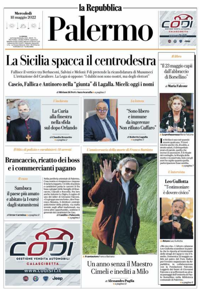 Prima Pagina, La Repubblica-Palermo: ”La Sicilia spacca il centro-destra, Lagalla…” prima pagina