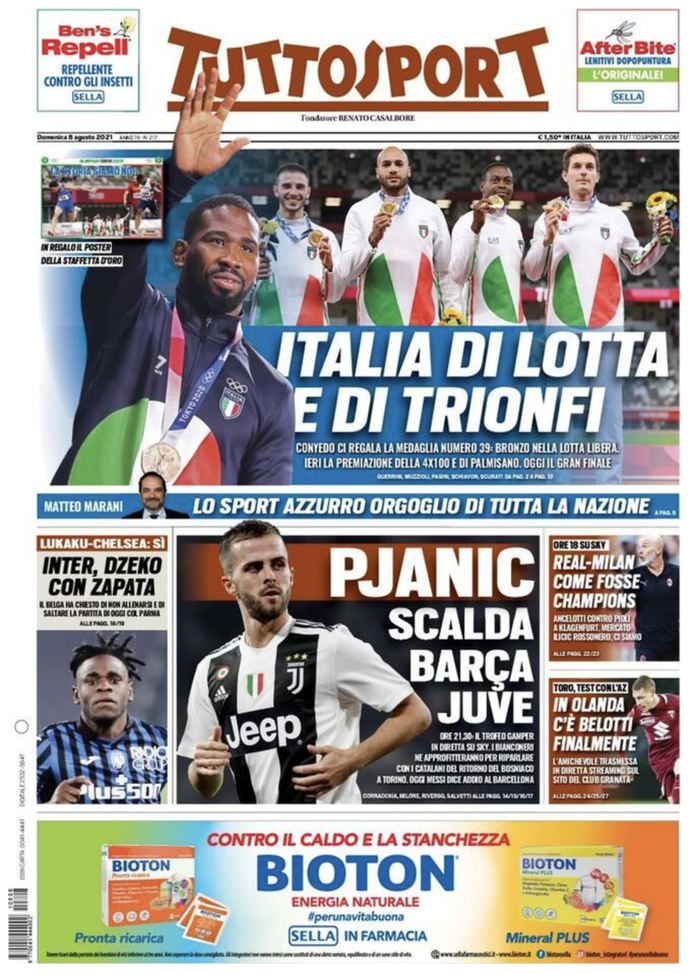 Prima Pagina, Tuttosport: “Pjanic scalda Barcellona-Juventus. Inter, Dzeko con Zapata”  Prima Pagina, Tuttosport: “Pjanic scalda Barcellona-Juventus. Inter, Dzeko con Zapata”