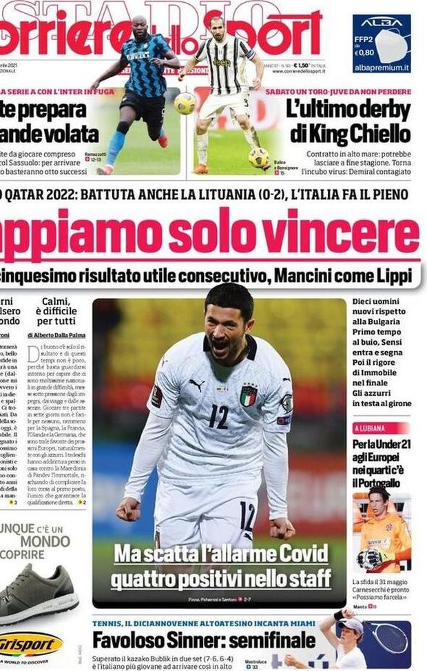  Il Corriere dello Sport, la prima pagina di oggi, giovedì 1 aprile 2021 