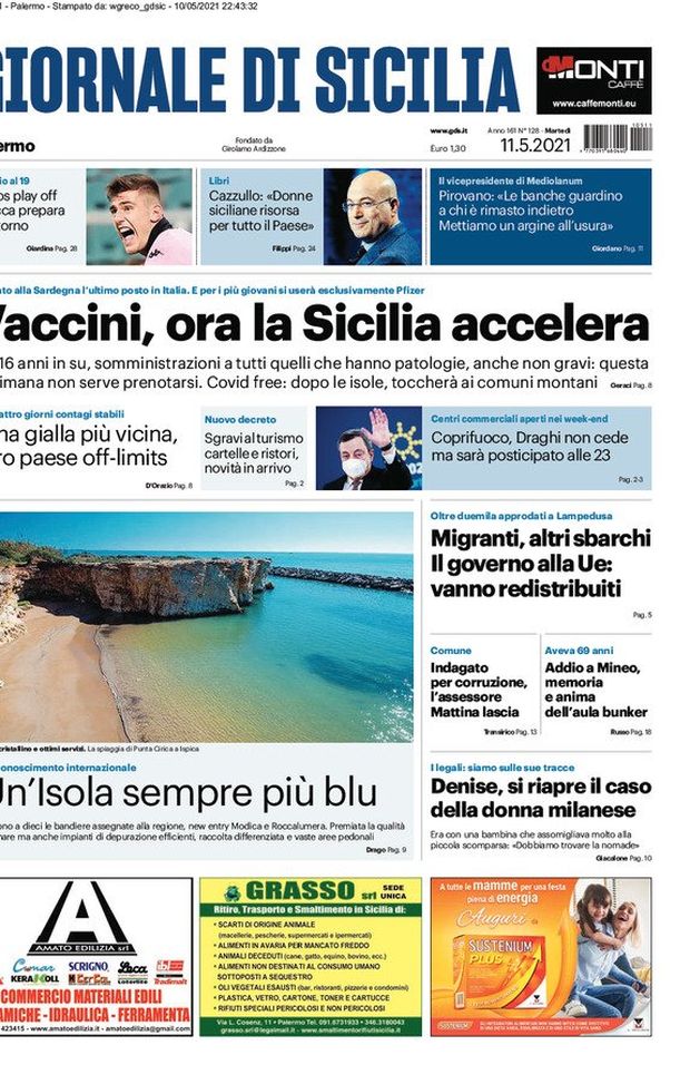 Prima Pagina, Giornale di Sicilia: “Vaccini, ora la Sicilia accelera. Caos play off, Lucca si prepara al ritorno” Prima Pagina, Giornale di Sicilia: “Vaccini, ora la Sicilia accelera. Caos play off, Lucca si prepara al ritorno”