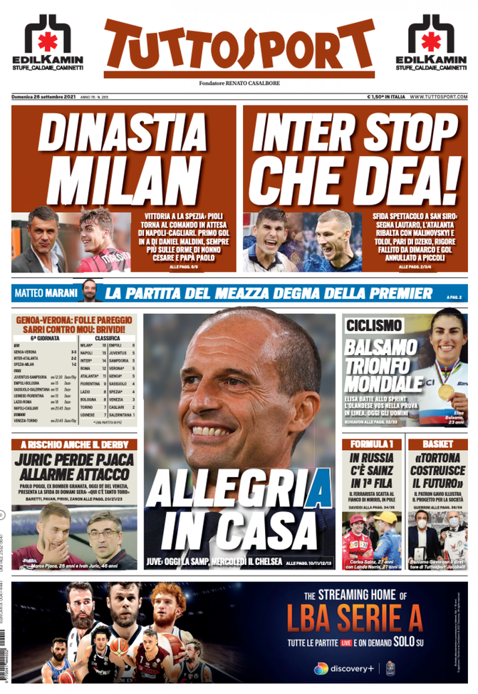 Prima Pagina, Tuttosport: “Dinastia Milan. Inter stop, che Dea! Allegria in casa” 