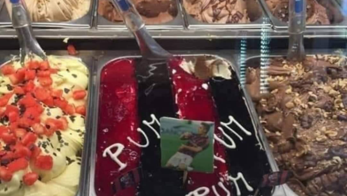 Il gelato PUM PUM PUM dedicato a Piatek, foto Facebook AMici di A.C. Milan