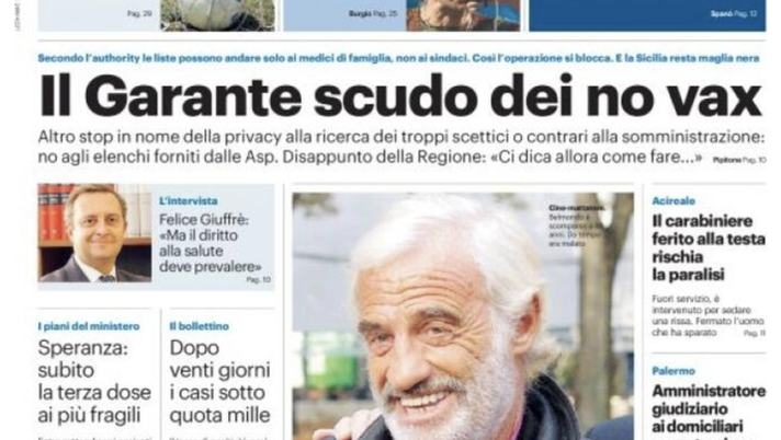Prima Pagina, Giornale di Sicilia: “Il Garante scudo dei no vax. Adieu Jean-Paul” Prima Pagina, Giornale di Sicilia: “Il Garante scudo dei no vax. Adieu Jean-Paul”
