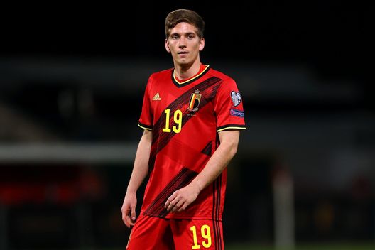 LEUVEN, BELGIUM - MARCH 30: Dennis Praet of Belgium in action during the FIFA World Cup 2022 Qatar qualifying match between Belgium and Belarus at The King Power Stadium, Den Dreef on March 30, 2021 in Leuven, Belgium. Sporting stadiums around Belgium remain under strict restrictions due to the Coronavirus Pandemic as Government social distancing laws prohibit fans inside venues resulting in games being played behind closed doors. (Photo by Dean Mouhtaropoulos/Getty Images)