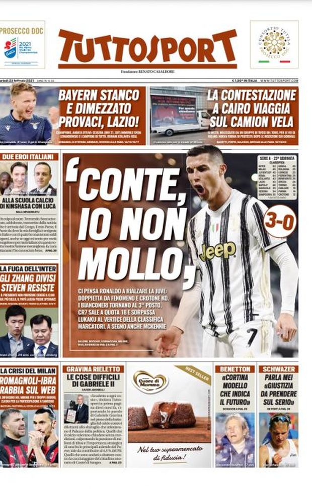 Prima Pagina, Tuttosport: “Conte, io non mollo. Provaci, Lazio! La fuga dell’Inter, la crisi del Milan” Prima Pagina, Tuttosport: “Conte, io non mollo. Provaci, Lazio! La fuga dell’Inter, la crisi del Milan”
