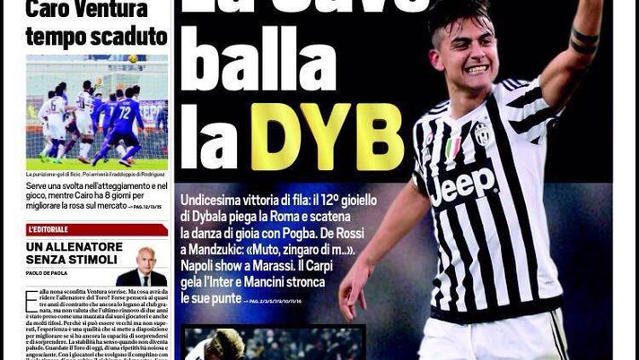 Prima Pagina, Tuttosport: “La Juventus balla la DYB, dodicesimo gioiello dell’argentino. De Rossi a Mandzukic ‘Zingaro di m…’. Balotelli, così non perdi solo il Milan”  Prima Pagina, Tuttosport: “La Juventus balla la DYB, dodicesimo gioiello dell’argentino. De Rossi a Mandzukic ‘Zingaro di m…’. Balotelli, così non perdi solo il Milan”
